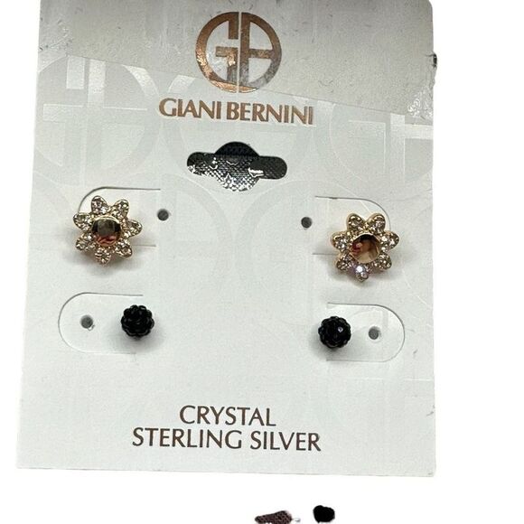 Gianni Bernini Set Earrings in 18k Gold-Plated Sterling Silver Flower Black NWT - Picture 1 of 7